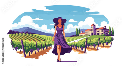 Vector illustration of a chic woman walking through a vineyard resort in summer, blending luxury travel with countryside elegance in flat vector style