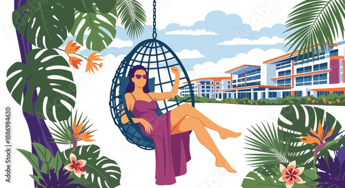 Vector illustration of a woman relaxing in a hanging chair at a luxury resort, expressing calm and exclusive summer leisure in flat vector style