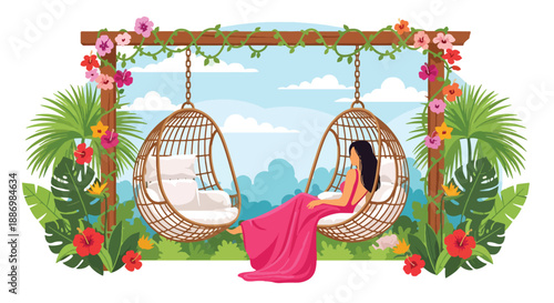 Vector illustration of a woman relaxing in a hanging chair at a luxury resort, expressing calm and exclusive summer leisure in flat vector style