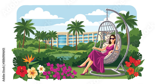 Vector illustration of a woman relaxing in a hanging chair at a luxury resort, expressing calm and exclusive summer leisure in flat vector style