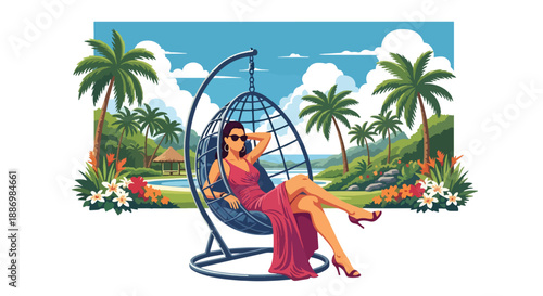Vector illustration of a woman relaxing in a hanging chair at a luxury resort, expressing calm and exclusive summer leisure in flat vector style