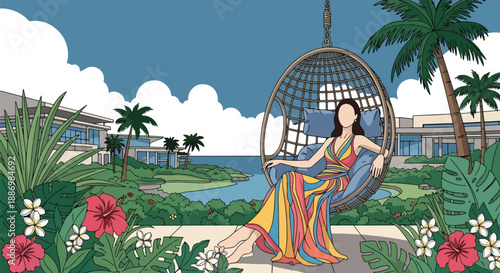 Vector illustration of a woman relaxing in a hanging chair at a luxury resort, expressing calm and exclusive summer leisure in flat vector style