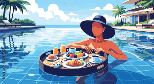 Vector illustration of a woman enjoying breakfast on a floating tray in a pool, representing luxury resort summer experience in flat vector style