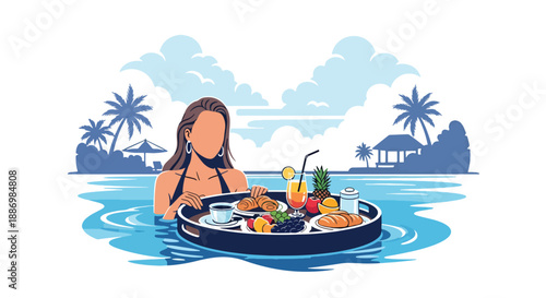 Vector illustration of a woman enjoying breakfast on a floating tray in a pool, representing luxury resort summer experience in flat vector style