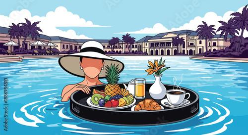 Vector illustration of a woman enjoying breakfast on a floating tray in a pool, representing luxury resort summer experience in flat vector style