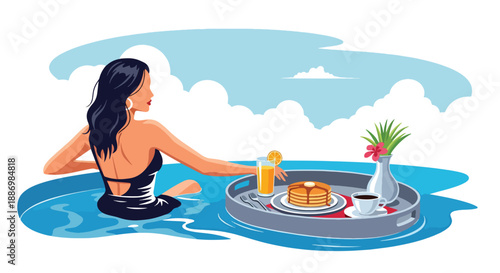 Vector illustration of a woman enjoying breakfast on a floating tray in a pool, representing luxury resort summer experience in flat vector style