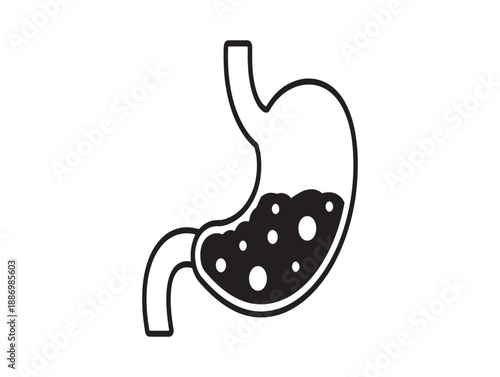 Simple line drawing of a human stomach with internal contents for medical or educational use