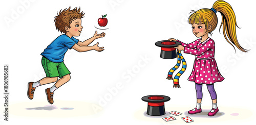 Cartoon Illustration of a Young Boy Juggling a Red Apple and a Girl Performing Magic with a Top Hat