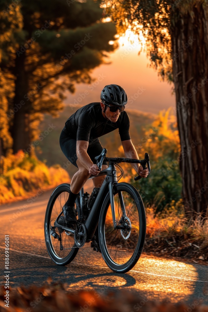 Obraz premium Cyclist riding a sleek electric road bike at sunset along an autumn road