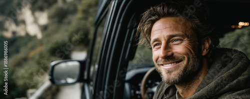Smiling man in his thirties sits in car, enjoying a sunny, scenic drive outdoors