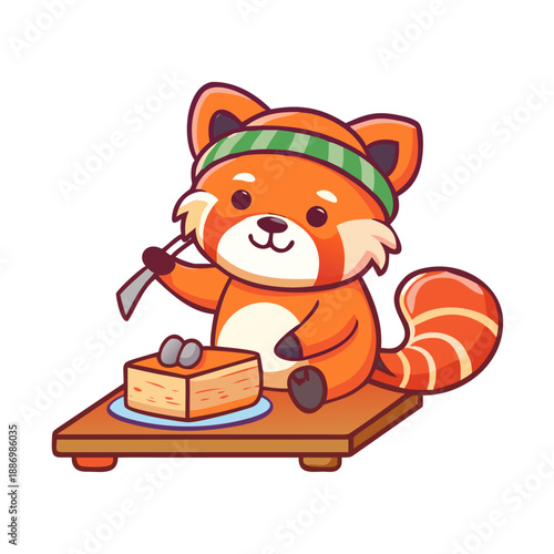 A cute red panda wearing a Japanese headband, skillfully slicing a piece of salmon sushi on a wooden board.