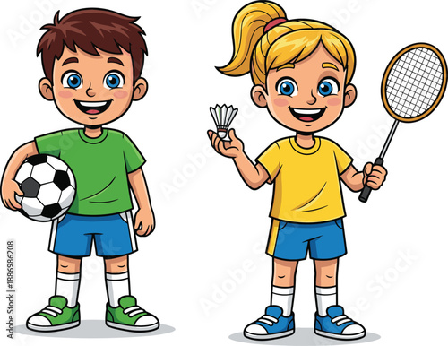 Cartoon Illustration of a Young Boy Holding Soccer Ball and a Happy Girl with Badminton Racket and Shuttlecock Vector Graphic