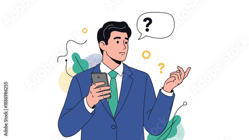 Confused businessman in a suit holding his smartphone and looking away with a question mark bubble suggesting a query, problem, or uncertainty.