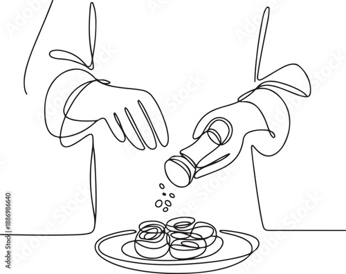 Continuous Line Drawing of Chef Hands Seasoning Food – Tactile Cooking Minimal Illustration