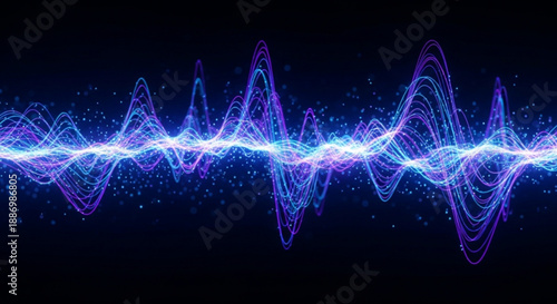 Vibrant blue and purple sound wave with glowing effect on dark background representing music and technology