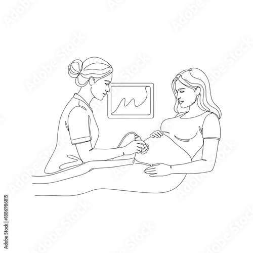 Continuous line drawing of doctor performing ultrasound scan on pregnant woman. Minimalist vector illustration of prenatal medical checkup, gynecology exam, and maternity care concept.
