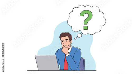 Professional man in a suit sitting at his laptop while holding his chin in thought with a large question mark in a thought bubble above him.