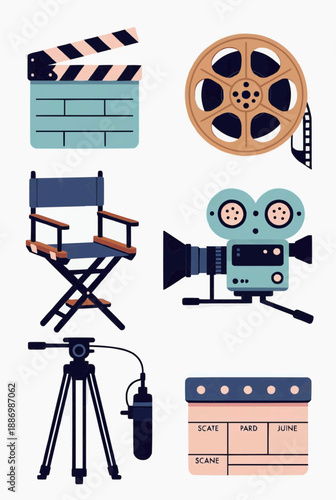 Professional film production equipment icon set with director chair