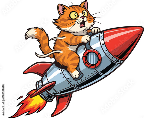 Funny Cute Cat Riding Rocket Cartoon Vector Illustration – Space Adventure Kitty Character with Spaceship Launch for Kids, Sci Fi, Travel and Fantasy Design