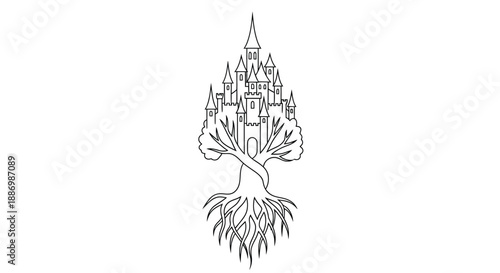A whimsical illustration of a castle built within the branches of a sprawling tree