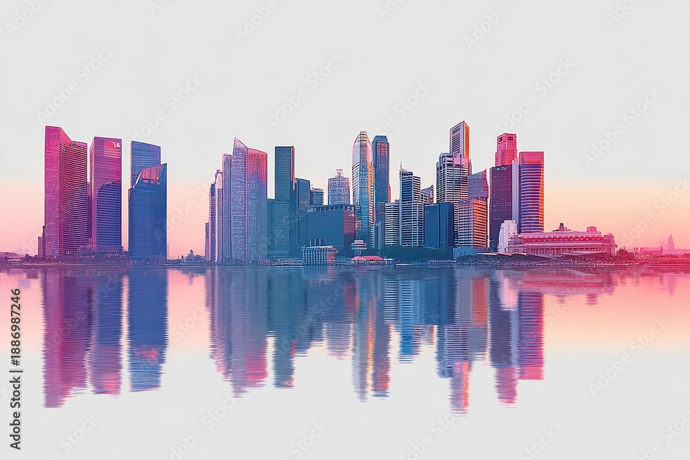 Obraz premium Vibrant city skyline reflection on calm water with gradient pink and blue hues