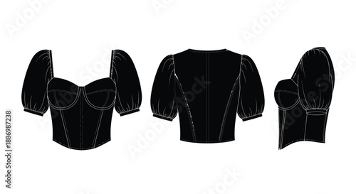 Fashion design sketch of a black corset top with puffed sleeves showing all angles