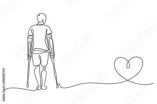 Man with crutches and a heart shaped line drawing illustration