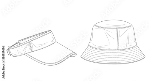 Sketch of two fashionable hats a bucket hat and a visor simple line art style
