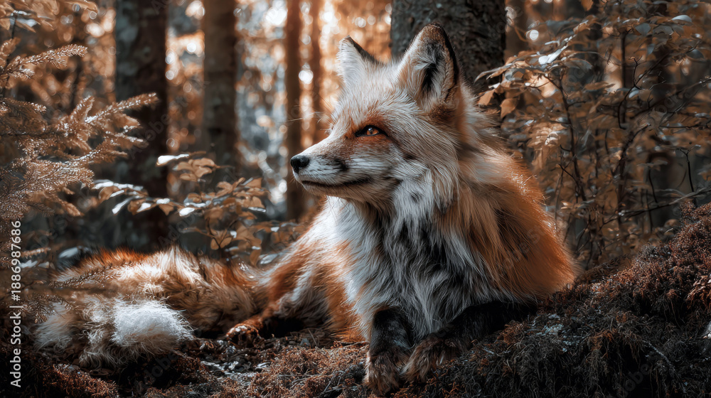 Fototapeta premium Detailed portrait of a wild red fox lying in a sunlit forest. The image captures the animal's alert expression and beautiful fur textures against a soft, atmospheric autumn woodland background