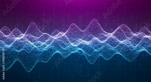 Vibrant sound wave pattern with purple blue and white hues on a gradient background conveying technology and energy