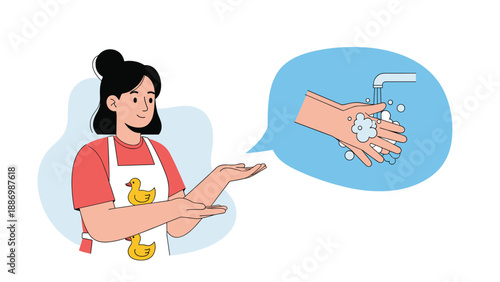 Smiling woman wearing an apron with a duck logo gesturing toward a speech bubble showing a person washing their hands under a running faucet.