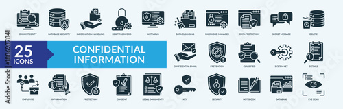 Confidential information icon set. Containing legal documents, security, notebook, eye scan and more. Outline vector icons collection
