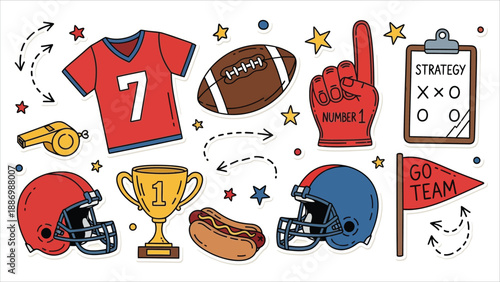  Hand-drawn American football vector illustration set featuring equipment, play icons, trophies, fan items, and doodle elements. Ideal for sports graphics and game day designs...eps