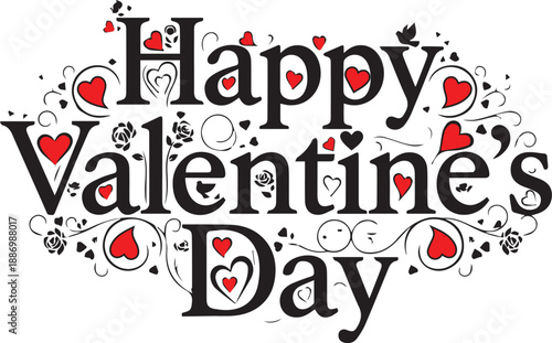 Happy Valentine's Day calligraphy with red hearts isolated on transparent background