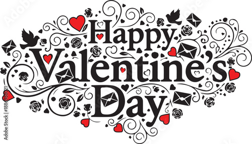 Happy Valentine's Day calligraphy with red hearts isolated on transparent background