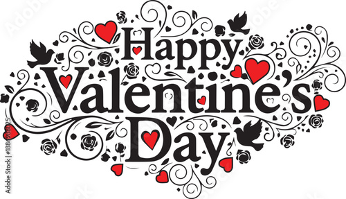 Happy Valentine's Day calligraphy with red hearts isolated on transparent background