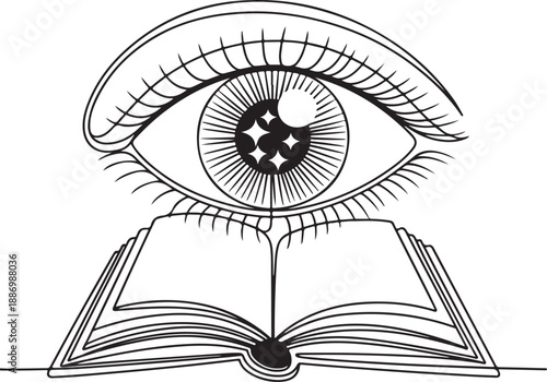 Continuous Line Art of a Human Eye and Open Book with Stars Reflected Inside – Surreal Black Ink Illustration