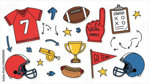  Hand-drawn American football vector illustration set featuring equipment, play icons, trophies, fan items, and doodle elements. Ideal for sports graphics and game day designs...eps