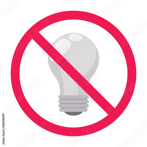No light bulb sign, no lamp sign, forbidden light bulb symbol, electricity usage restriction, vector illustration