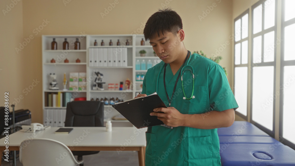 Fototapeta premium Young man doctor in green scrubs holding clipboard in a hospital clinic room with shelves windows and medical equipment indicating a professional healthcare setting indoors.