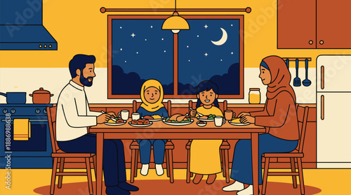 Happy Muslim Family Eating Dinner Together in Kitchen at Night Vector Illustration