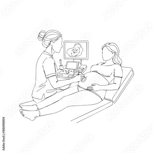 Continuous line drawing of doctor performing ultrasound scan on pregnant woman. Minimalist vector illustration of prenatal medical checkup, gynecology exam, and maternity care concept.
