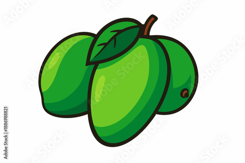 Three green mango fruits icon with leaf, fresh tropical harvest symbol for food packaging