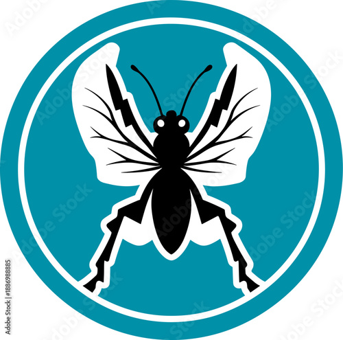 Electric Wasp Silhouette Emblem in Teal Circle, Lightning Wing Insect Badge Icon Design