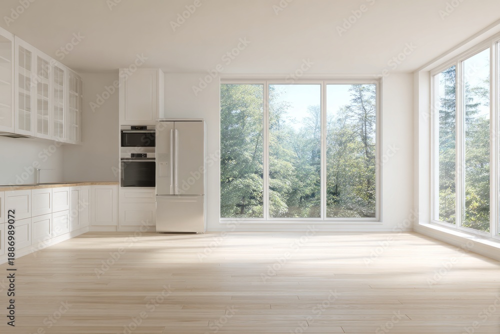 Fototapeta premium Modern white kitchen with large windows overlooking a forest.