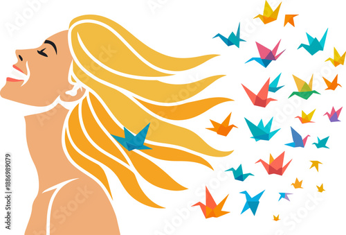 Laughing Woman Profile, Golden Flowing Hair and Color Origami Birds, Freedom Energy Burst