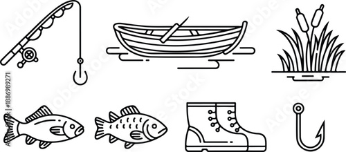 Fishing Gear Outline Icon Set Rod with Lure, Rowboat, Freshwater Fish, and Pond Reeds