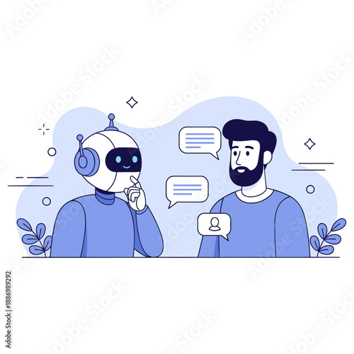 Friendly robot and young male caucasian adult discussing technology