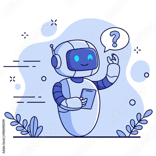 Cute smiling robot with tablet asking questions in blue cartoon style