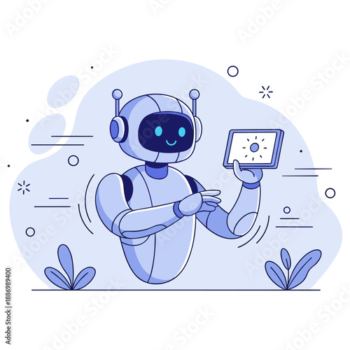 Smiling robot analyzing weather on tablet in nature-themed digital art